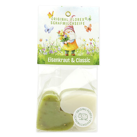 Schafmilchseife Herz mittel 4x23g Classic Eisenkraut mit Karterl Naturzauber-Motiv 9 verpackt in Cellophan