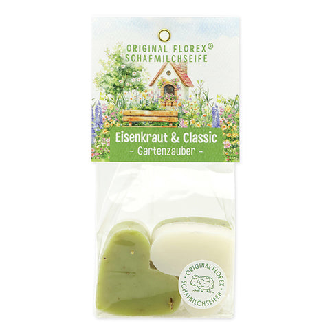 Schafmilchseife Herz mittel 4x23g Classic Eisenkraut mit Karterl Gartenzauber-Motiv 3 verpackt in Cellophan