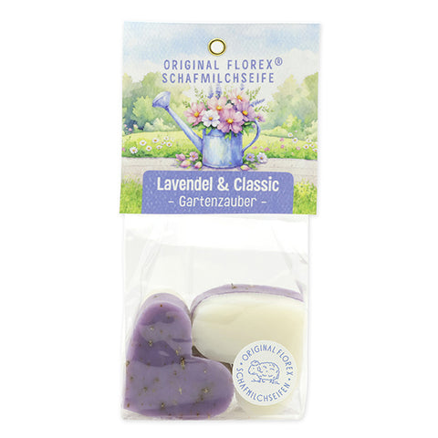 Schafmilchseife Herz mittel 4x23g Classic Lavendel mit Karterl Gartenzauber-Motiv 4 verpackt in Cellophan