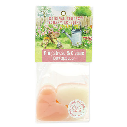 Schafmilchseife Herz mittel 4x23g Classic Pfingstrose mit Karterl Gartenzauber-Motiv 6 verpackt in Cellophan