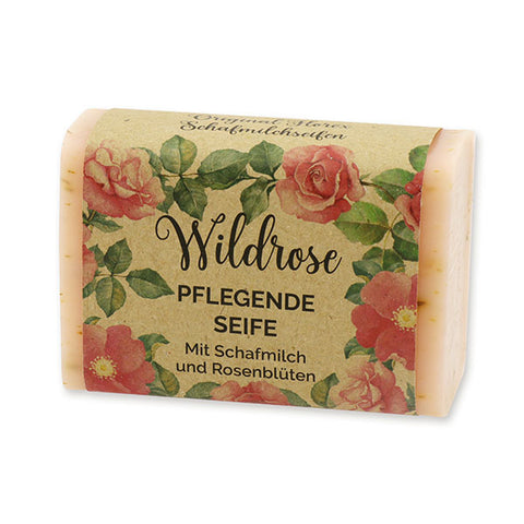 Schafmilchseife eckig 100g Wildrose mit Blüten mit brauner Papierschleife "Wohlfühlzeit"