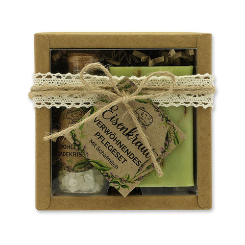 Geschenkbox Wohlfühlzeit Eisenkraut • Schafmilchseife eckig 100g Eisenkraut • Badesalz Eisenkraut GROB 40g mit Eisenkrautkräuter im Glas mit Kork