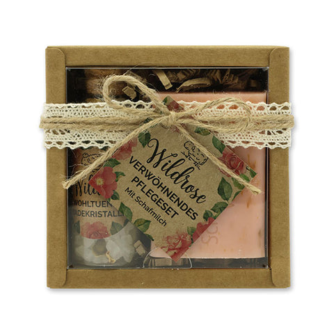 Geschenkbox Wohlfühlzeit Wildrose • Schafmilchseife eckig 100g Wildrose mit Blüten • Badesalz Wildrose GROB 40g mit Rosenblüten im Glas mit Kork