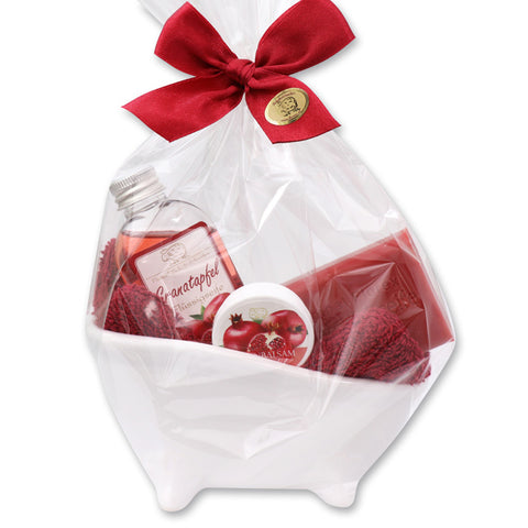 Badewanne klein gefüllt mit Flüssigseife mit Schafmilch 75ml Granatapfel, Lippenbalsam Granatapfel 10ml, Schafmilchseife eckig 100g Granatapfel und Waschlappen 16x21 cm bordeaux