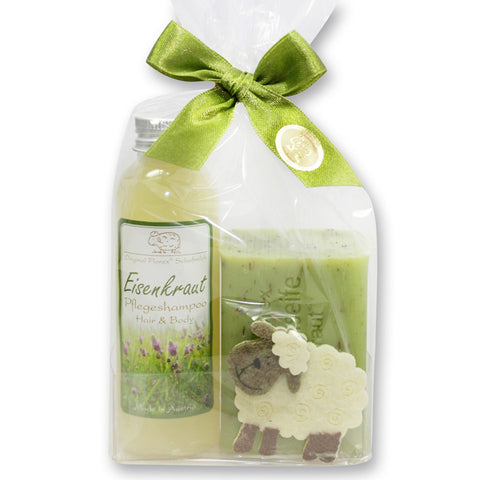 Pflegeset Eisenkraut, Schafmilchseife eckig Eisenkraut 100g und Pflegeshampoo Hair&Body mit Schafmilch Eisenkraut 75ml in Cellobox dekoriert mit Filzschaf