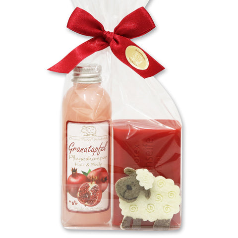 Pflegeset Granatapfel, Schafmilchseife eckig Granatapfel 100g und Pflegeshampoo Hair&Body mit Schafmilch Granatapfel 75ml in Cellobox dekoriert mit Filzschaf