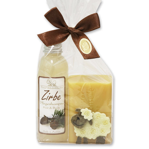 Pflegeset Zirbe, Schafmilchseife eckig Zirbe 100g und Pflegeshampoo Hair&Body mit Schafmilch Zirbe 75ml in Cellobox dekoriert mit Filzschaf