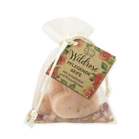 Schafmilchseife Herz mittel 2x23g Wildrose mit Blüten mit Rosenblüten und Karterl "Wohlfühlzeit"