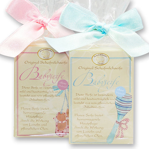 Palmölfreie Schafmilchseife eckig 100g Baby verpackt mit Karterl rosa/blau im Cellosackerl