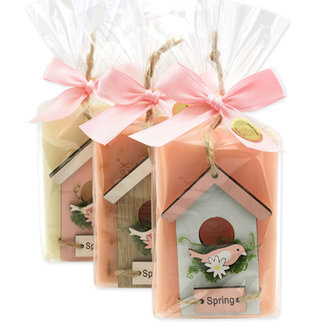 Schafmilchseife eckig 150g Classic Wildrose mit Blüten Pfingstrose dekoriert mit Vogelhaus verpackt Cello