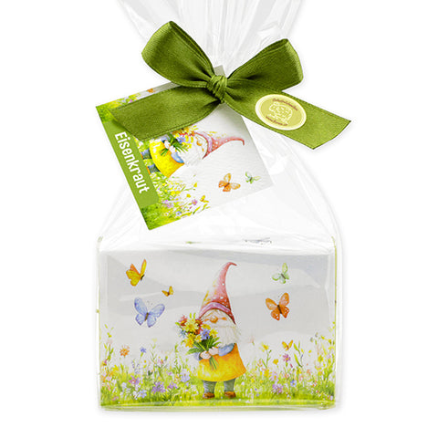 Schafmilchseife eckig 150g Eisenkraut verpackt mit Naturzauber-Motiv 9 mit Anhängekärtchen