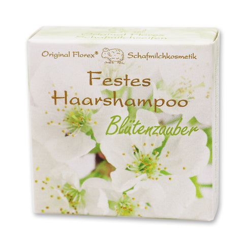 Festes Haarshampoo 58g mit Schafmilch Blütenzauber verpackt in Papier-Schachtel