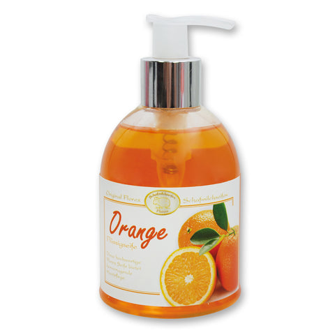 Flüssigseife mit Schafmilch im Spender 250ml Orange mit Etikett modern