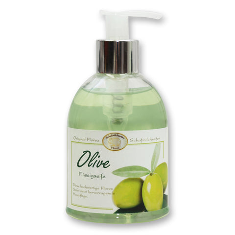 Flüssigseife mit Schafmilch im Spender 250ml Olive mit Etikett modern