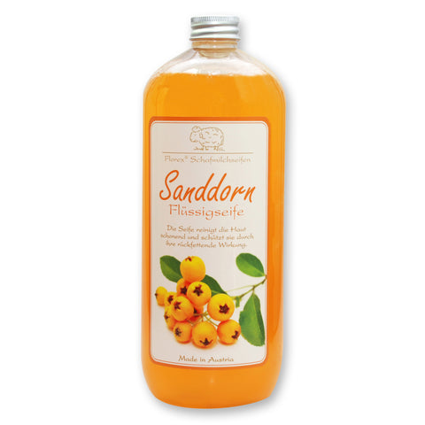 Flüssigseife mit Schafmilch 1l Sanddorn in der Flasche