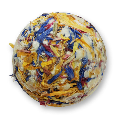 Badebutter-Kugel mit Schafmilch 50g mit Bestreuung Kornblume blau/pink, Ringelblume und Duft Gummibärli ohne Palmöl