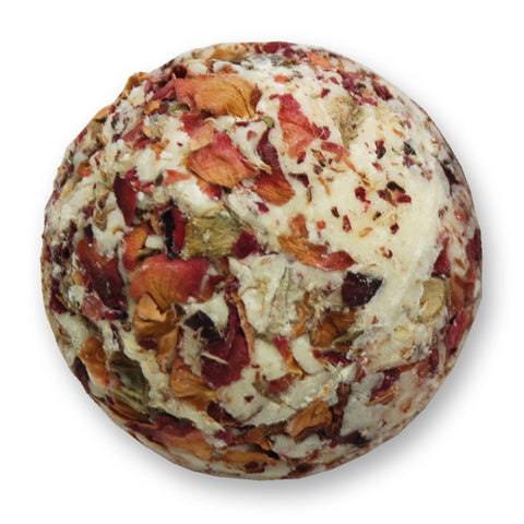 Badebutter-Kugel mit Schafmilch 50g mit Bestreuung Rosenblüten und Duft Rose ohne Palmöl