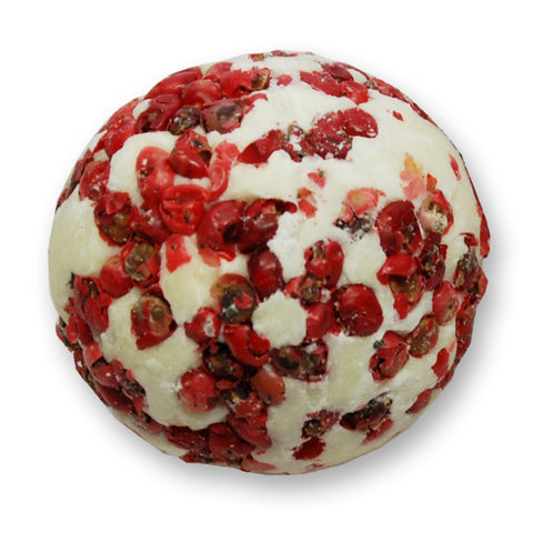 Badebutter-Kugel mit Schafmilch 50g mit Bestreuung rosa Pfeffer und Duft Cranberry ohne Palmöl