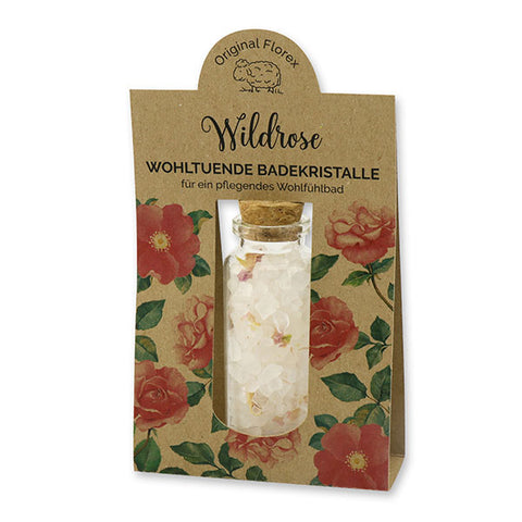 Badesalz Wildrose GROB 40g mit Rosenblüten im Glas mit Kork mit Papierverpackung "Wohlfühlzeit"