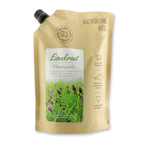 Flüssigseife mit Schafmilch 1l Eisenkraut im Refill-Beutel mit Etikett modern