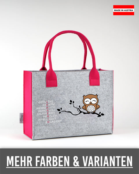 Filztasche L personalisiert Lehrerin – 26 L E H R E R I N Eule auf Ast – TT-Designs Österreich