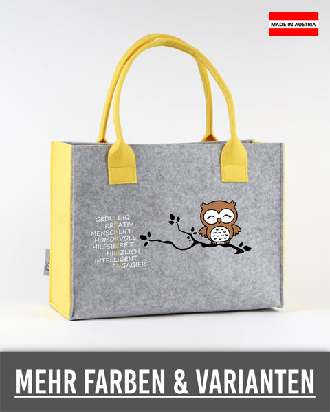 Filztasche L personalisiert Lehrerin – 26 L E H R E R I N Eule auf Ast – TT-Designs Österreich