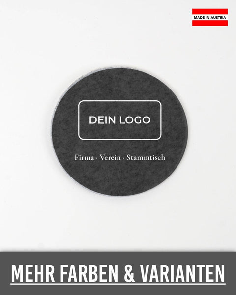 Filz-Untersetzer in Dunkelgrau mit Platzhalter „Dein Logo“ für Firma, Verein oder Stammtisch