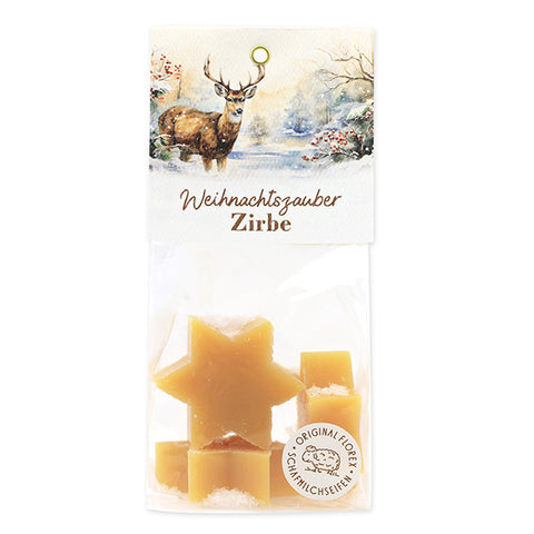 Schafmilchseife Stern midi 4x20g Zirbe mit Karterl Weihnachtszauber-Motiv 2 verpackt in Cellophan