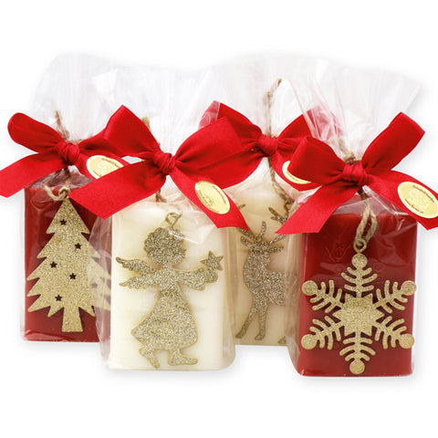 Schafmilchseife eckig 100g Classic Granatapfel dekoriert mit weihnachtlichen Motiven verpackt in Cello