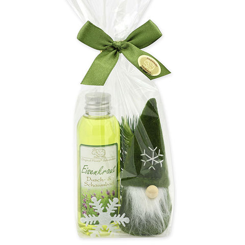 Dusch- & Schaumbad mit Schafmilch Eisenkraut 75ml, Wichtel „Stoff-Santa“ grün 10cm, Tannenzweig und Schneeflocke verpackt in Cello