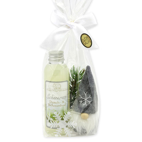 Dusch- & Schaumbad mit Schafmilch Schneerose 75ml, Wichtel „Stoff-Santa“ grau 10cm, Tannenzweig und Schneeflocke verpackt in Cello