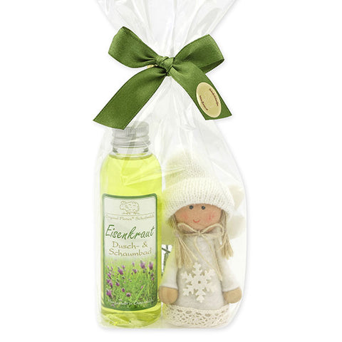 Dusch- & Schaumbad mit Schafmilch Eisenkraut 75ml, Stoff-Engel „Schneeflocke“ weiß 9cm und Tannenzweig verpackt in Cello
