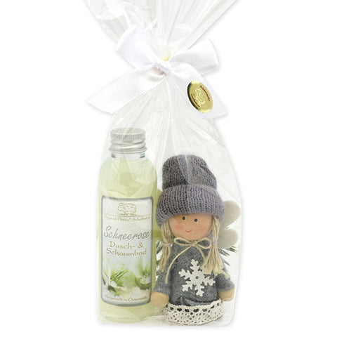 Dusch- & Schaumbad mit Schafmilch Schneerose 75ml, Stoff-Engel „Schneeflocke“ grau 9cm und Tannenzweig verpackt in Cello