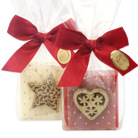 Schafmilchseife Quadrat 35g Classic Granatapfel dekoriert mit Weihnachtsmotiv und Dekoband verpackt in Cello