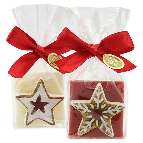 Schafmilchseife Quadrat 35g Classic Granatapfel dekoriert mit Deko Lebkuchen verpackt in Cello