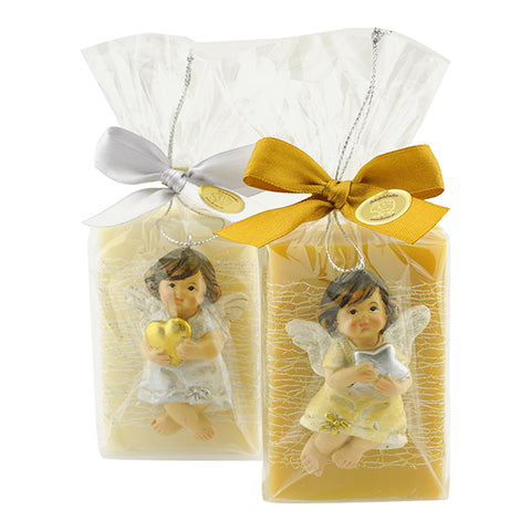 Schafmilchseife eckig 150g Classic Zirbe dekoriert mit Engel und Dekoband verpackt in Cello