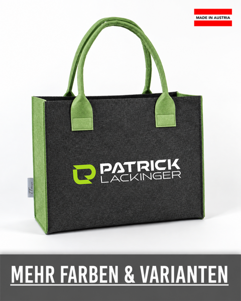 Filztasche in Dunkelgrau mit Seiten und Henkeln in Hellgrün und dem Logo von Patrick Lackinger, handgenäht von TT-Designs