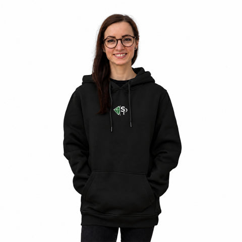 Strong Passion Hoodie in Schwarz von vorne mit SP-Monogramm auf der Brust