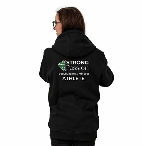 Strong Passion Hoodie und Zip Hoodie in Schwarz von hinten mit großem Logo und Personalisierung ATHLETE