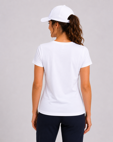 PhysioMED Flexfit Cap weiß Rückansicht – 5-Panel Classic Cap mit Kunststoffverschluss, One Size, Flexfit Markenqualität, TT-Designs Kooperation Österreich