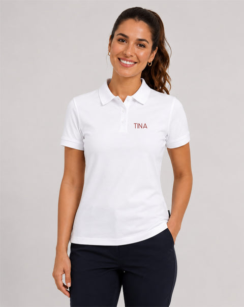 PhysioMED Luxury Polo Damen Vorderansicht – Premium Poloshirt aus Bio-Baumwolle, Slim Fit, PhysioMED-Logo auf der Brust, OEKO-TEX zertifiziert, handgefertigt in Österreich von TT-Designs