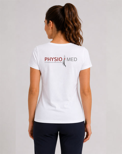 PhysioMED T-Shirt Damen Rückansicht – weißes Shirt mit großem PhysioMED-Logo auf dem Rücken, 100 % Baumwolle Jersey 185 g/m², handgefertigt von TT-Designs