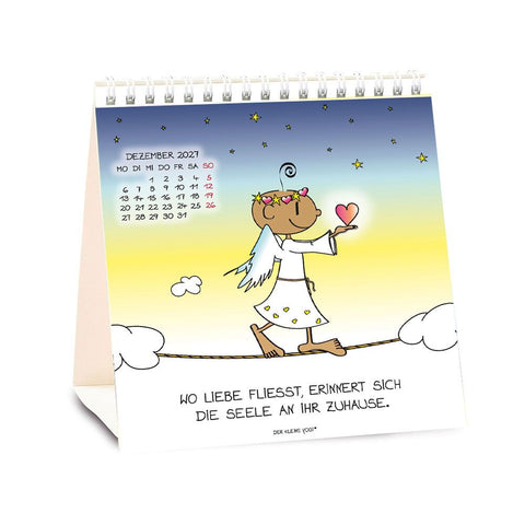 Tischkalender 2027 Der kleine Yogi – Kalenderblatt Dezember: der Yogi als Engel balanciert auf einem Seil zwischen Wolken