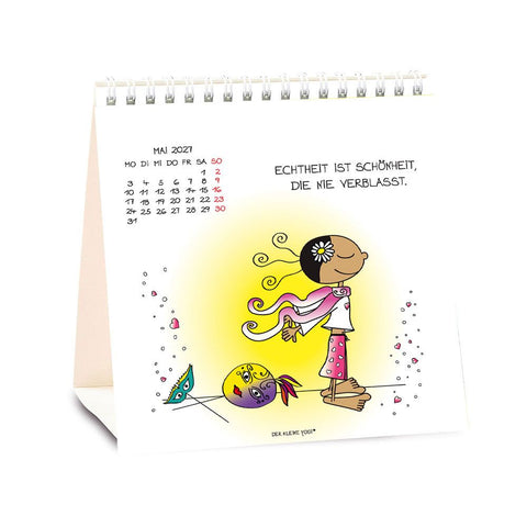 Tischkalender 2027 Der kleine Yogi – Kalenderblatt Mai: die Yogini mit rosa Schal vor einer gelben Sonne