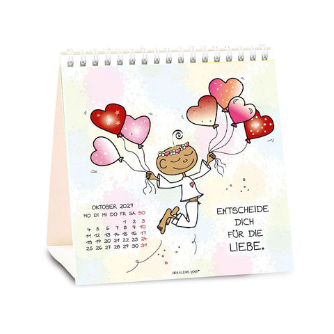 Tischkalender 2027 Der kleine Yogi – Kalenderblatt Oktober: der Yogi schwebt mit Herzluftballons