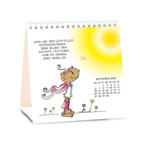 Tischkalender 2027 Der kleine Yogi – Kalenderblatt September: der Yogi blickt mit wehendem Schal zur Sonne