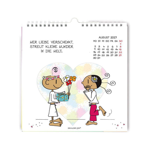 Wandkalender 2027 Der kleine Yogi – Kalenderblatt August: der Yogi überreicht der Yogini Blumen und ein Geschenk