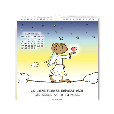 Wandkalender 2027 Der kleine Yogi – Kalenderblatt Dezember: der Yogi als Engel balanciert auf einem Seil zwischen Wolken