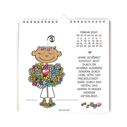 Wandkalender 2027 Der kleine Yogi – Kalenderblatt Februar: der Yogi mit einem großen Blumenstrauß