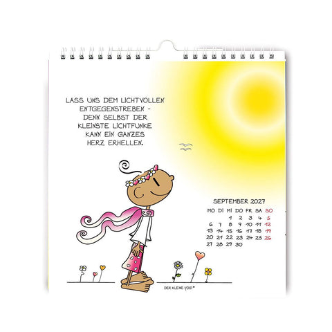 Wandkalender 2027 Der kleine Yogi – Kalenderblatt September: der Yogi blickt mit wehendem Schal zur Sonne